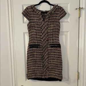 Karl Lagerfeld Brown and Cream Mini Sheath Dress with V-neck and Cap Sleeves